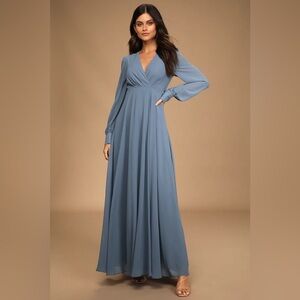 Lulu’s Romance Ready Slate Blue Long Sleeve Maxi Dress Medium M NWT